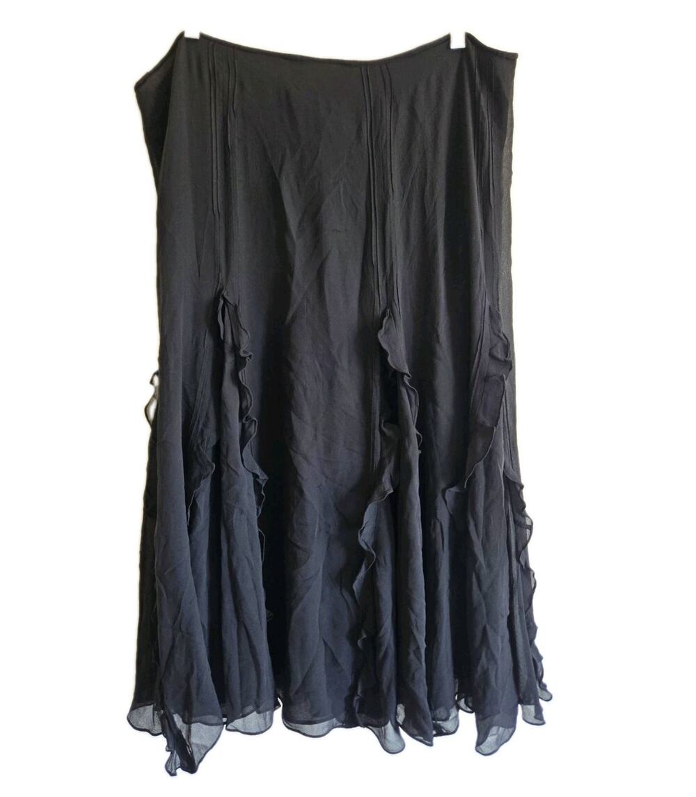 Lauren Ralph Lauren Black Silk Ruffle Midi Skirt Whimsigoth Fairy Romantic Boho
